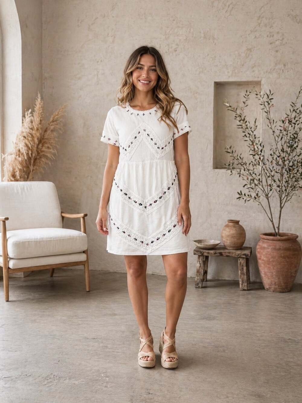 Hoss Intropia Cream Embroidered Lace Chevron Boho Dress Size 38